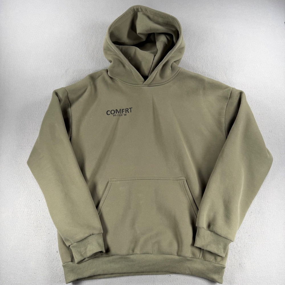 Comfrt Mens Heavyweight Fleece Hoodie Olive Green Graphic Sweatshirt XL